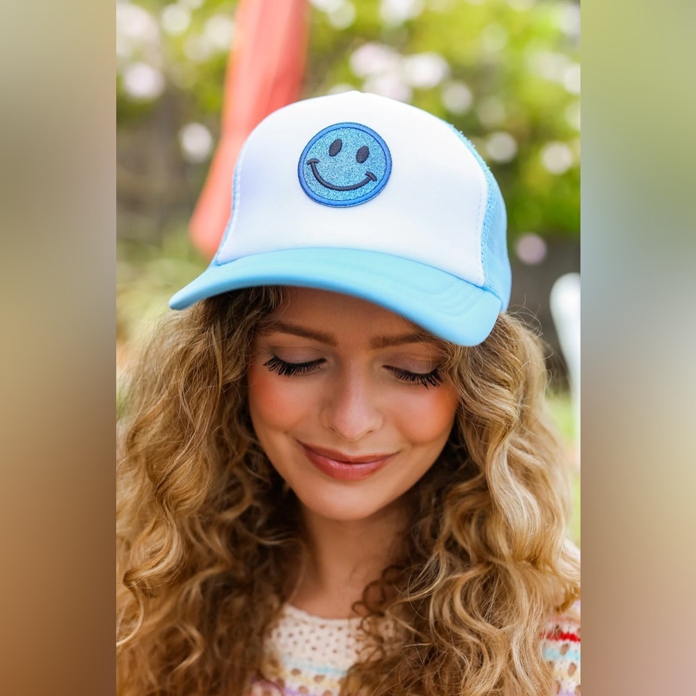 Baby Blue Glitter Smiley Face Mesh Trucker Hat